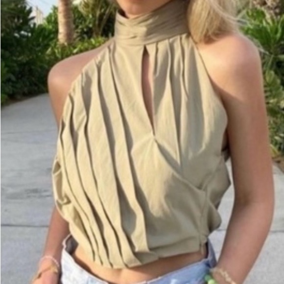 Zara Tan Pleated Halter Top - Picture 1 of 7